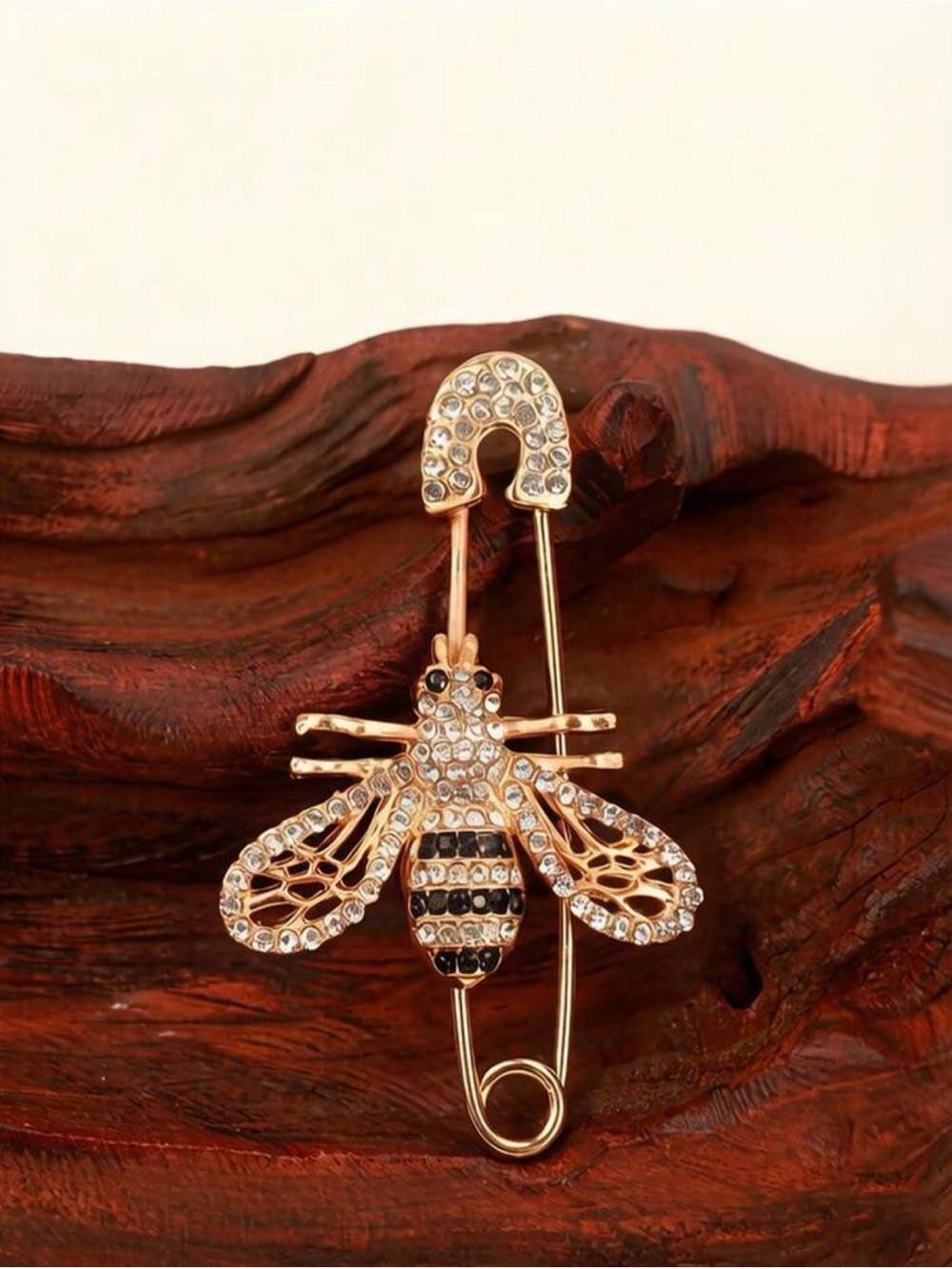Gold-Tone Bee Safety Pin Brooch with Clear and Black Crystals